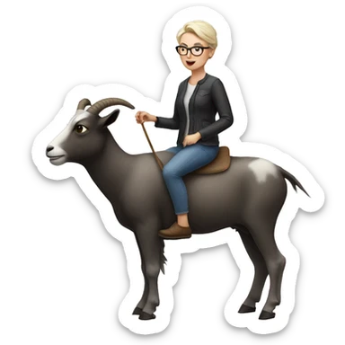 White woman with really short hair and glasses riding a goat sticker