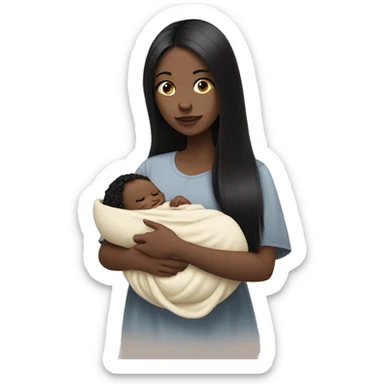 Pale girl with long black hair is holding a pale newborn baby sticker