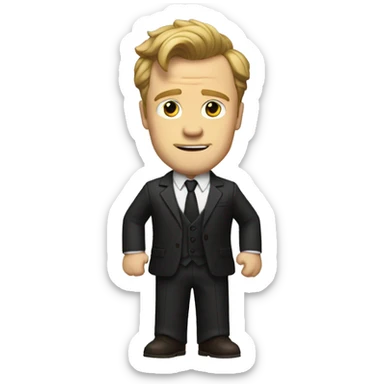 Barney Stinson, with a short face and dark blond hair sticking up at the front, in a cream-black suit sticker