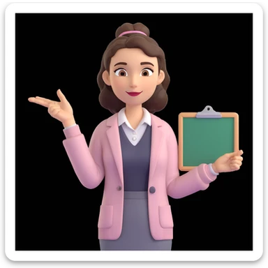 Friendly 3D cartoon female character, medium-length hair in bun or waves, expressive eyebrows, cheerful and confident, light cardigan or blazer over pastel collared shirt, one hand holding whiteboard, other hand pointing sideways, professional and approachable, neutral indoor background sticker