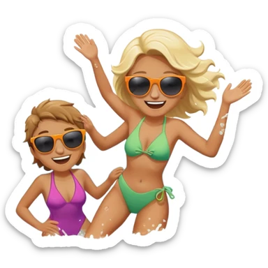 A person splashing water at their friend in the ocean, both laughing as the waves roll around them. The sun shines warmly above, capturing the joy of creating fun, embracing connection, and appreciating the moment with someone who makes life feel lighter.  sticker