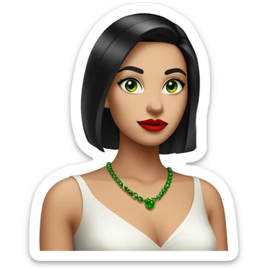 A beautiful, lively, elegant young woman with straight black hair, a beautiful forehead and striking green eyes and strong red lipstick. She is wearing a bright red dress. Her gaze is fixed and enigmatic, she does not smile sticker