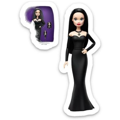  Elegant witch Wednesday Addams Barbie.  Small very light skin face. Earrings with matching necklaces. Long silky raven hair. black flowing strapless tight evening gown neckline that’s off-the-shoulders shows her legs and black high heel shoes.rc car sticker