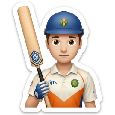 Cricketer in full white kit with bat and ball sticker