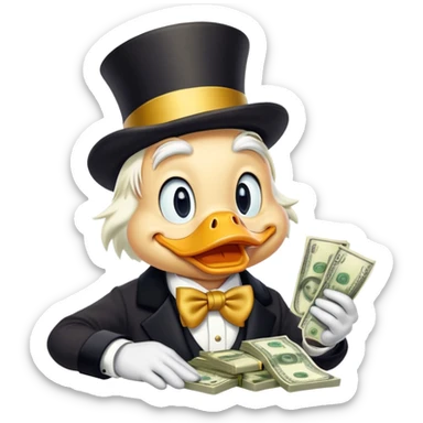 Scrooge McDuck counting money, rich duck character with top hat sticker