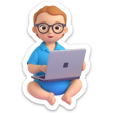 a baby dressed as a computer programmer, with glasses and a laptop, playful and cute sticker