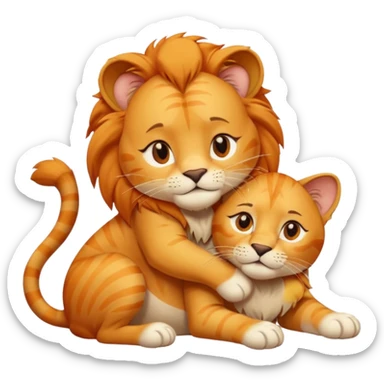 Animal Gata masajeando con la mano derecha la cabeza de un león  sticker