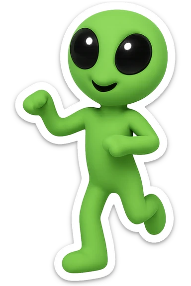 Create a neon green alien dancing, almost identical to the reference image, with minimal changes in the positions of arms and legs, looking straight ahead. This is frame 7 of an animation. PNG format with transparent background. sticker
