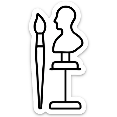 A paintbrush morphing into a metal human sculpture silhouette, symbol of artistic identity, on a display stand sticker
