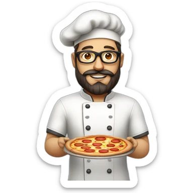 Dark haired chef with beard and big dark glasses holding a slice of pizza sticker