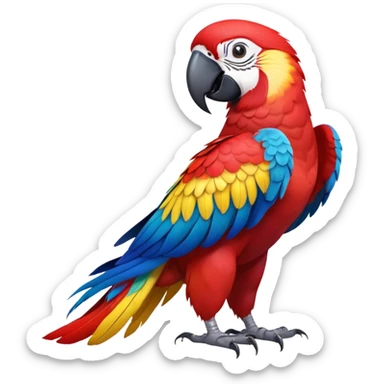 cinematic-macaw-realistic-full-body-standing-emoji,-vibrant-feathers-glowing-with-rich-reds,-blues,-and-yellows,-head-tilted-dramatically,-curved white-beak-gleaming,-piercing-dark-eyes-exuding-confidence,-simplified-yet-realistic-focused sticker