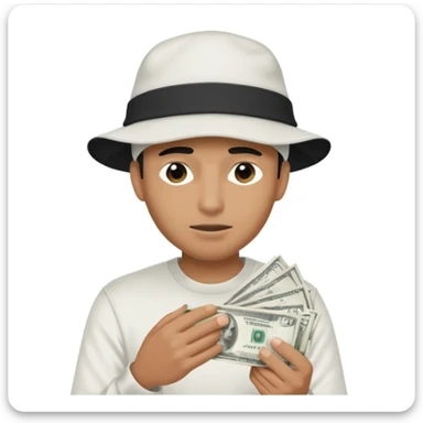 Man with money in his hand covering his face wearing a white and black hat and a Nike tech  sticker