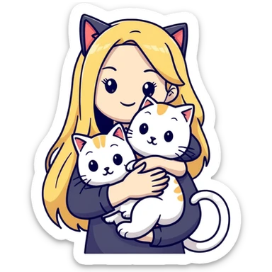 pretty woman with pale skin, very long blonde hair hugging a cat sticker