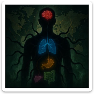 semi-realistic, moody style central human silhouette, dark worm-like forms radiate to organs, each organ surrounded by colored aura for a disease (red: migraine, blue: asthma, yellow: arthritis, green: colitis, purple: cirrhosis), world map, glowing cracks, green mist sticker