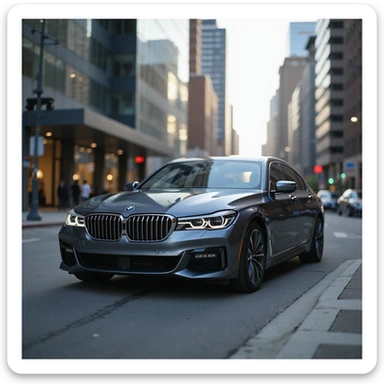 realistic BMW Series 7 2022 sedan in a modern city background, photorealistic style sticker