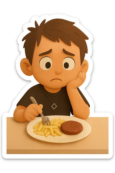 now looks slightly worried. He was told that if he doesn’t eat protein, he might not grow up. He sits at the same table, looking at the meat patty with concern, his expression a mix of hesitation and fear sticker
