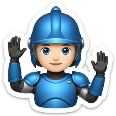 "Cute chibi-style armored hero sticker, oversized helmet, small body, glowing blue eyes, friendly waving pose, bold outlines, saturated colors, isolated on a plain white background, 2D cartoon style." sticker