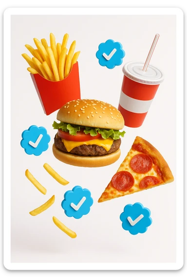 fast food realistico fluttua in aria insieme a spunte di verificato in 3d, sfondo bianco sticker