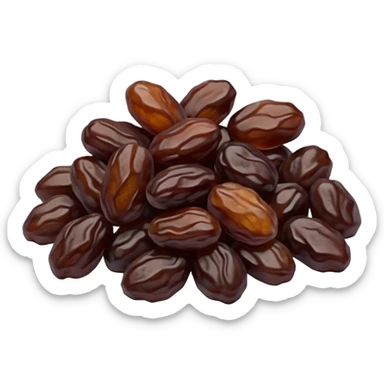 dried raisins, small cluster or handful, deep brown to purplish, wrinkled, slightly glossy, irregular shriveled shape, soft curves, subtle texture, no stems, no bowl, no garnish, soft lighting, transparent background, emoji scale sticker