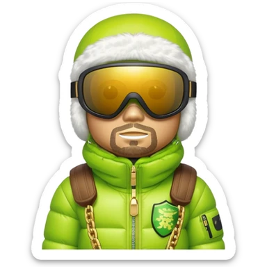 bearbrick wearing lime green balaclava with graffiti logos, futuristic shield visor sunglasses with single panoramic lens like ski goggles covering upper face, puffy fur jacket, gold chains sticker