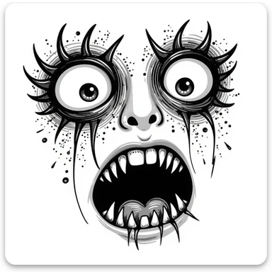 sketchy japanese horror manga style, extremely disturbing face with bulging eyes, split face revealing hundreds of tiny teeth inside, uncanny, creepy, Junji Ito inspired sticker