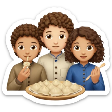 Can you create an emoji of three 23 year olds eating dumplings. One boy with brown curly hair one Jewish girl and one half Indian / half white girl.  sticker