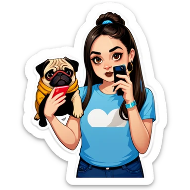 Beautiful young girl with choppy long dark brown hair flows over her her septum piercing is gold and shines as she holds her black phone and her large pug with an underbite layed beside her sticker