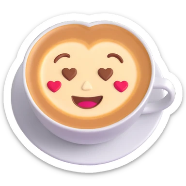3D emoji style espresso cup with heart-shaped latte art, cheerful expression sticker