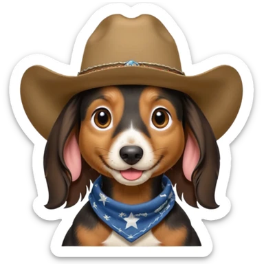 mostly black with some brown long hair daschund with a cowboy hat, ears curl out a bit and bandana and tongue slightly out sticker