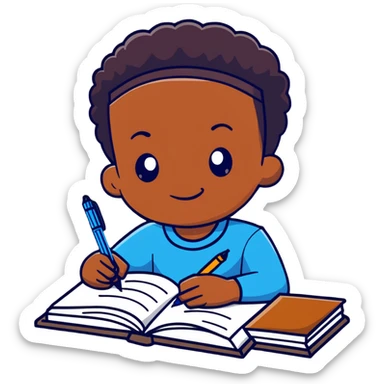 African boy student with brown skin writing with book and pen sticker
