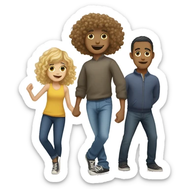 a tall blond man, a biracial girl with bangs, and a biracial man with curly hair on top dancing sticker