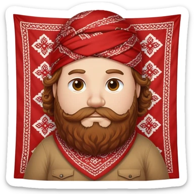 White chubby guy with big beard wearing a red patterned bandana atop curly brown hair  sticker