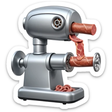 a robot that has a meat grinder for a head. 2 arms that stuff meat into the meat grinder and sausage links come out of the rear. The robot hovers. shoves meat into its mouth to grind sticker