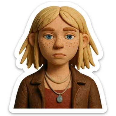 14-year-old girl with choppy blonde layers, armpit length, shortest at mouth, middle part, light freckles, blue eyes, defined cupid's brow, tight dark red top, brown leather jacket, necklaces sticker