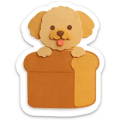 warm beige fluffy bread maker dog, peeking from a bread loaf, cheerful, full-body sticker