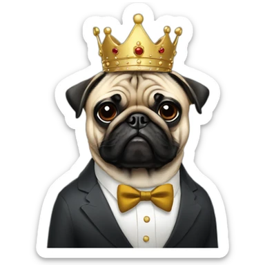 A dog (pug) with a crown in a suit sticker