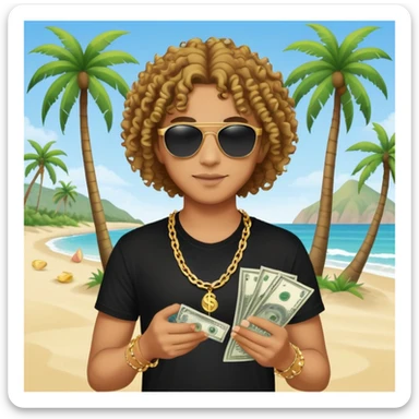 Mixed-race person with curly hair, black t-shirt, gold chain necklace, holding dollar bills in both hands, wearing black sunglasses, beach with palm trees in background sticker