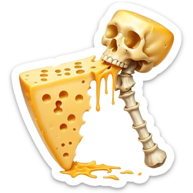 Glowing shredded cheese floating near a femur bone that has a magical golden light at its healing point. An ethereal K2 vitamin symbol pulses between them, channeling healing energy from the cheese to strengthen and repair the bone structure. sticker