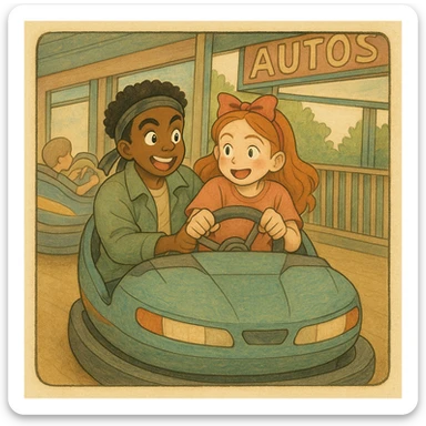 Replace the boy with the character Lucas from Stranger Things: short hair, dark skin, headband, animated expression. Replace the girl with the character Max: red hair, fun expression, casual clothes. Both characters in delicate Ghibli style with dark, thick contours and pastel color tones. Keep the bumper car scene as is, matching the previous examples in style and color. sticker