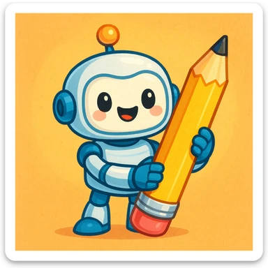 a cute robot holding a pencil, cheerful, for a writing assistant sticker