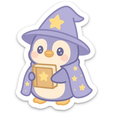 a cute penguin wizard holding an ancient book with a starry cloak sticker