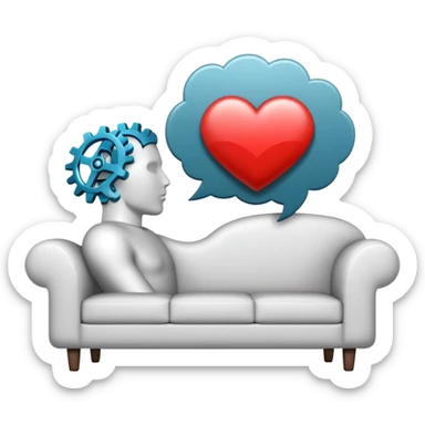 An icon featuring a human head silhouette with gears and a heart inside, symbolizing psychology. The design includes a therapy couch and a speech bubble, representing mental health and communication. Transparent background highlights the study of the human mind and behavior. sticker