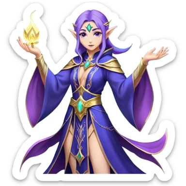 Cinematic Realistic WoW Elf Mage Portrait, captured in a dynamic, battle-ready stance, her graceful form exuding raw arcane energy. Her luminous skin and delicate features, set against an intricately detailed robe in consistent deep blues and purples with golden accents, are rendered with lifelike texture and dynamic, magical lighting, high shine, fierce and commanding, embodying the relentless spirit of an elven sorceress mid-spell. sticker