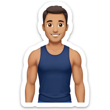 Athletic 40-year-old man with tanned light brown skin. Elongated face with defined jawline. Confident smile. Medium dark eyes, arched eyebrows. Straight nose. Wavy dark hair in a modern cut. Wearing a navy blue tank top showing fit physique. sticker