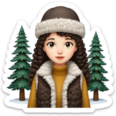 "A girl with curly dark hair 👩🏻‍🦱, wearing a fur hat 👒🦊 and a fur vest 🧥, standing in the snow ❄️ with pine trees 🌲 in the background. Minimalistic emoji style." sticker