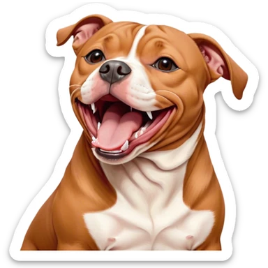 Cinematic Cute Yawning Red/Fawn Staffordshire Bull Terrier Portrait Emoji, Head tilted slightly with a dramatic, wide-open yawn, showcasing a smooth red/fawn Fur with crisp white accents, floppy ears slightly drooping, round dark eyes barely open in drowsy contentment, Simplified yet irresistibly adorable features, highly detailed, glowing with a soft, cozy glow, high shine, relaxed yet expressive, stylized with a touch of whimsy, bright and endearing, soft glowing outline, capturing the essence of a sleepy yet affectionate guardian, so drowsy it feels like it could stretch right out of the screen and curl up for a nap! sticker