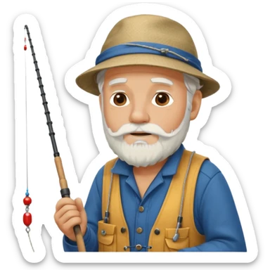 an old white haired, bearded man in fisherman attire, sat in a big boat on the ocean, casting a fishing line into the water sticker