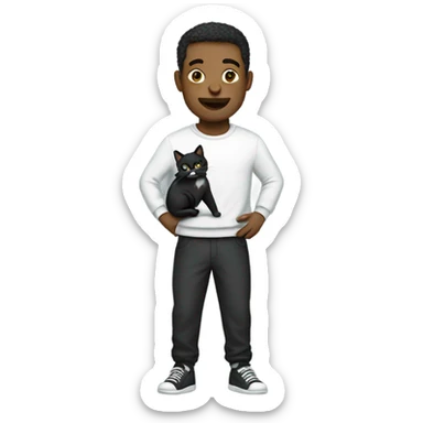 man wearing sweat pants holding a black and white cat sticker