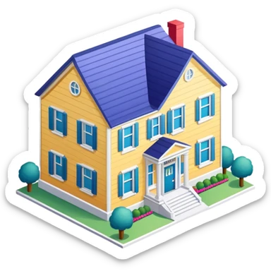 College sorority house, isometric dollhouse-style, realistic sticker