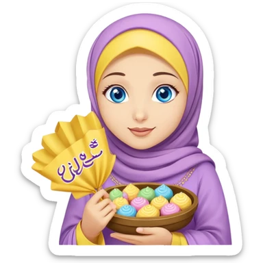 Turkish beautiful finish Konya girl blue eyes with lila yellow hijab islamic dress and had on her hand text Eid Mubarak with sweets and celebrating with her friends eid days   sticker